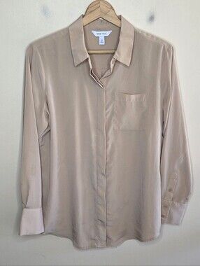Nine West Tan Silky Button Front Collared Shirt Size Medium Office Classic